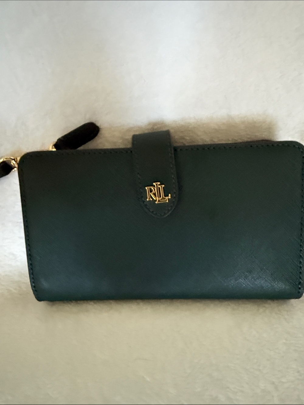 Ralph Lauren Dark Green Leather Zip Wallet with Gold RL Accent